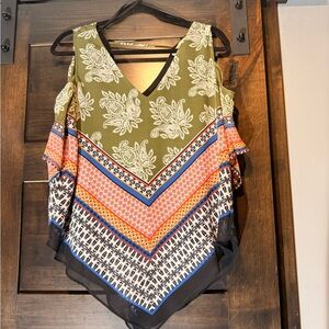 Boho Chic V-Neck Blouse in Olive and Multicolor